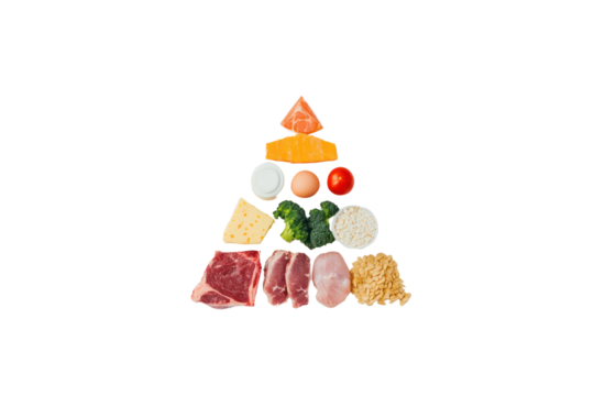 Food Pyramid Composition: A visually striking illustration of a balanced food pyramid, showcasing a variety of healthy food components arranged in a structured hierarchy for a nutritious diet plan.