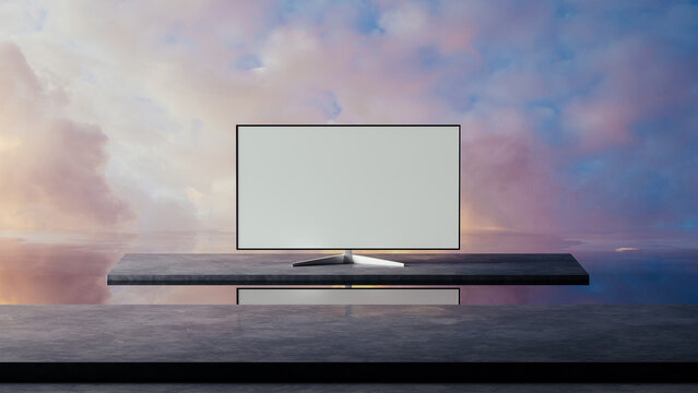 Modern television set in a surrealist interior with vibrant backdrop