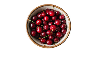 Bowl of Cherries: A vibrant and luscious display of ripe, red cherries fills a rustic bowl, offering a sweet and tempting treat.