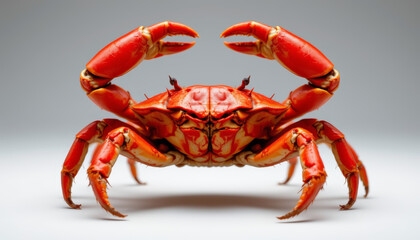 Vibrant red crab with symmetrical claws showcases its striking features against neutral background, evoking sense of marine