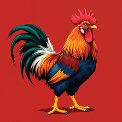 Fototapeta premium Colorful rooster with vibrant plumage isolated on white background, a proud farm animal