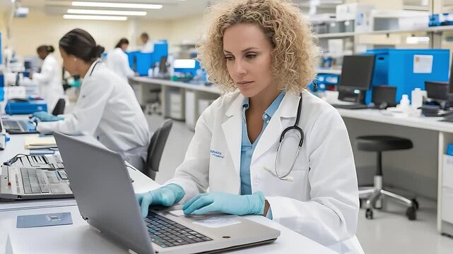 Healthcare Professional Working on Laptop in Modern Laboratory Environment with Medical Equipment