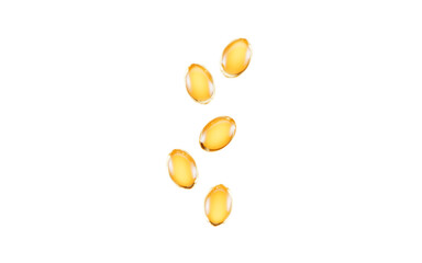 Golden fish oil, golden soft capsules, vitamins, medical health products, 3d rendering.