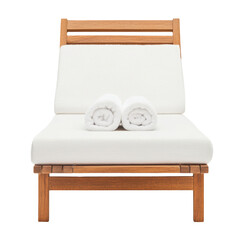 Wooden lounge chair with white cushions and two rolled white towels on seat, evoking relaxation and comfort