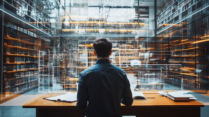 A person studies in a modern library with holographic data projections overlaying the scene.