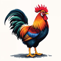Colorful rooster with vibrant plumage isolated on white background, a proud farm animal
