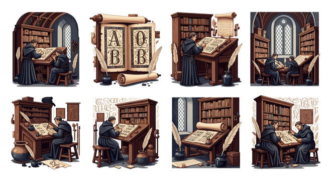 Illustrations depicting monks writing in scriptorium with books, scrolls, and inkwells in medieval setting