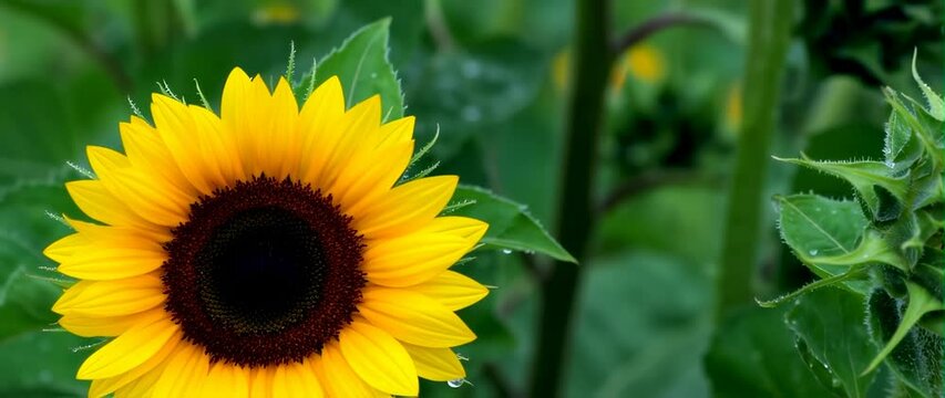 Anamorphic video Raindrops falling on beautiful sunflower flower