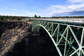 Two highway bridges over the crooked river gorge in central Oregon, scenic day for spring travel

