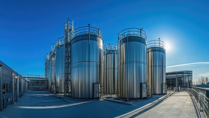 Fototapeta premium A panoramic view of an industrial chemical plant with towering steel tanks and pipes