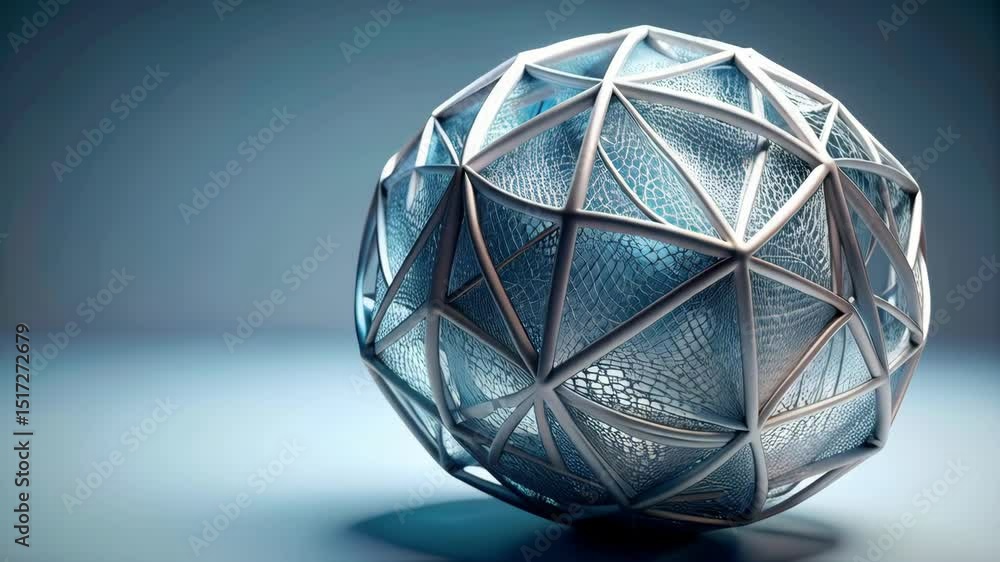 Poster abstract geometric sphere made of triangular frames encasing a cracked texture, pale blue hues in so