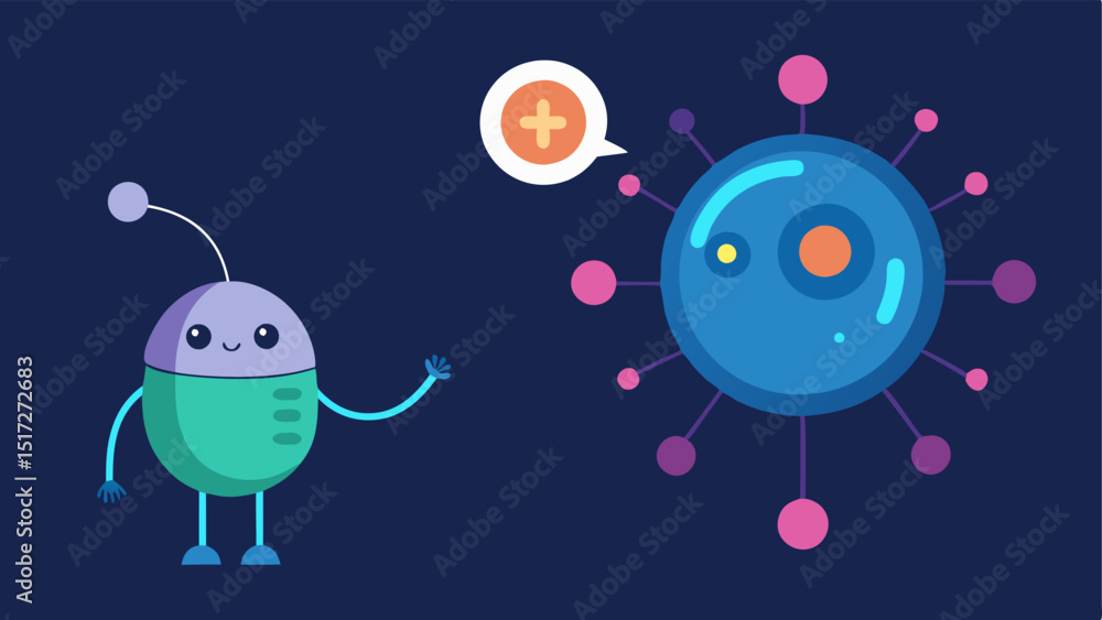 Poster interacting with immune cells a nanobot communicating with a larger immune cell illustrated with glo