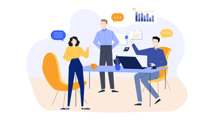 Three people discussing business strategies in a modern office setting. Perfect for illustrating workplace communication and team collaboration concepts.