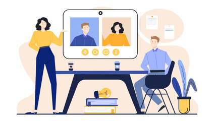 Title Woman and a man on a video call. Suitable for business communication, remote work, technology, online meetings, virtual conversation concepts.