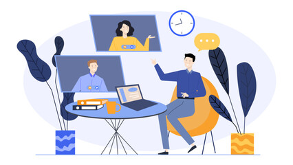 Man video calling two people, one a woman and the other a man. Suitable for remote work, virtual meetings, conferences, webinars.