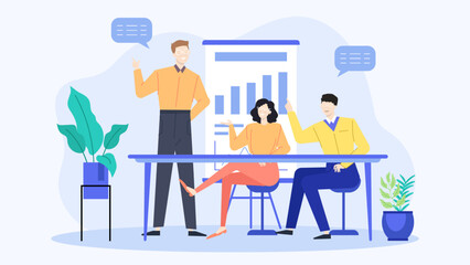 Three people discussing a whiteboard graph. Perfect for business presentations, team meetings, corporate communication, or educational contexts.