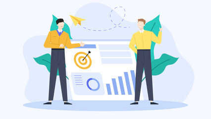 Two men stand in front of a whiteboard with graphs and a target, suitable for business presentations, strategy discussions, teamwork concepts.
