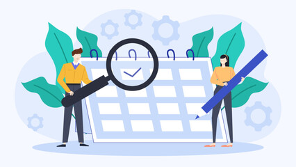 Planning and progress concept with two people standing next to a calendar, checking off a task. Suitable for scheduling or time management designs.