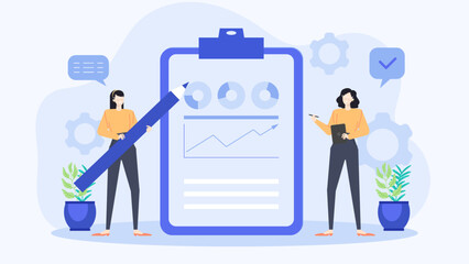 Business partners review data on clipboard with chart and graph. Suitable for presentations, reports, teamwork, collaboration, analysis concepts.