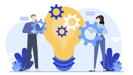 Two people holding gears in front of a lightbulb, symbolizing teamwork, innovation, and collaboration, suitable for technology or business concepts.