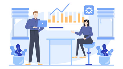 Man and woman discussing a bar graph; suitable for presentations, business articles, or financial reports requiring diverse professional discussions.
