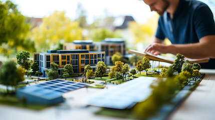 Architect reviewing a detailed architectural model of a modern building complex surrounded by greenery.