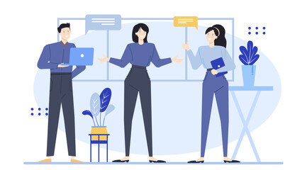 Three people by a window discussing work, suitable for business concepts, teamwork, meetings, collaboration, office environment, and corporate communication.