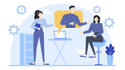 Three people on a video call in an office setting. Suitable for business meetings, remote work, virtual collaboration concepts.