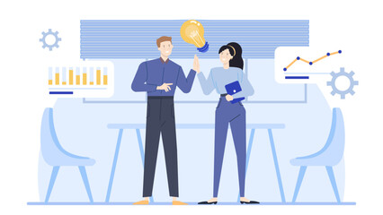 Two people celebrate new idea in office. Suitable for business presentations, brainstorming sessions, teamwork concepts, and creative thinking themes.