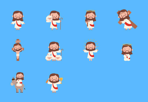 Colorful Cute Jesus Bible Religion Characters Illustrations Set