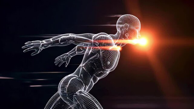 Futuristic human figure in motion, showcasing dynamic energy and speed against a glowing backdrop