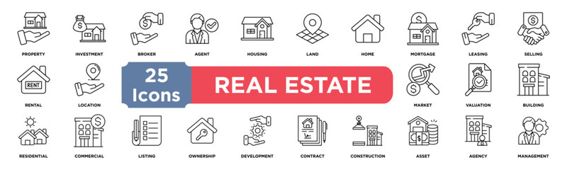Real Estate icon collection set. Containing property,investment,broker,agent,housing,land,home,mortgage,leasing,selling icon. Simple line vector.