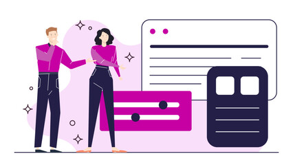 Two people standing by a pink and white website, suitable for website design concepts, technology blogs, and online businesses.