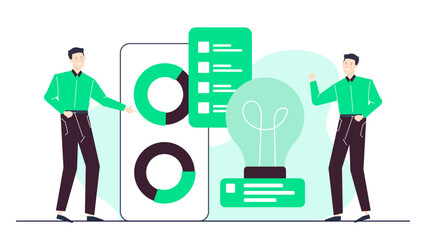 Two men discussing a light bulb and pie charts. Suitable for business presentations, teamwork concepts, brainstorming meetings, and innovative ideas.