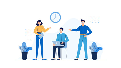 Three people with plants in a meeting, featuring a clock. Great for office, teamwork, time management, brainstorming concepts.