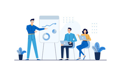 Man presenting a graph to a group of people, perfect for business presentations, data analysis concepts, corporate meetings, educational materials.