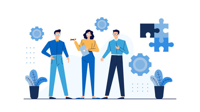 Three people in front of a puzzle, working together to solve it. Teamwork, collaboration, problem-solving concepts for business or education purposes.