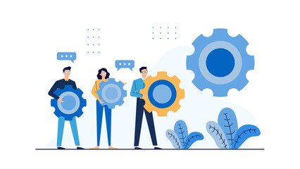 Three people holding gears in a collaborative teamwork concept, ideal for business, innovation, technology, engineering, and teamwork themed designs.