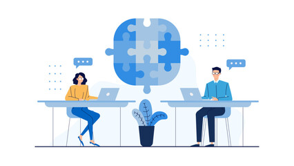 Man and woman work on laptops at desks. Suitable for workplace, technology, remote work, teamwork, coworking, office setting concepts.