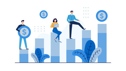 People climbing a chart with dollar signs, perfect for financial growth concepts in presentations, websites, and marketing materials.
