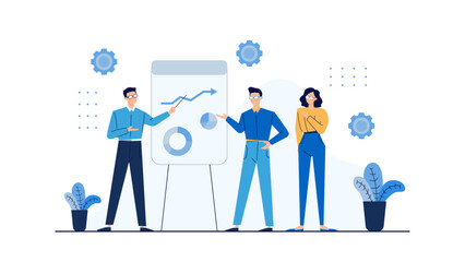 Man in a blue shirt presenting a graph to two people, discussing business strategy or financial data in a meeting. Corporate presentations, business meetings, financial discussions.