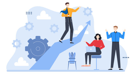 Fototapeta premium Three individuals depicted with a blue arrow and gears, suitable for business strategy concept designs or teamwork visuals.