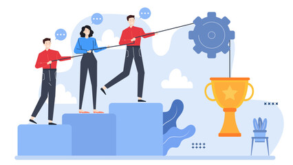 Three individuals collaborate to move a gear towards a victory trophy in a teamwork or achieving success concept visual. Suitable for motivation and goalsetting concepts.