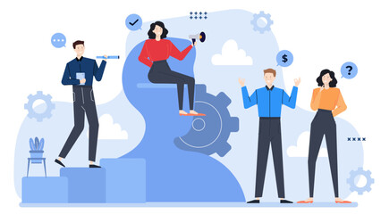 Team working with gears and clouds, symbolizing collaboration and innovation. Perfect for business presentations, teamwork concepts, and engineering projects.