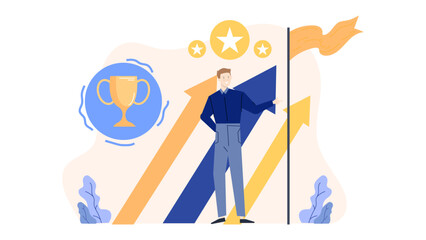 Man points to an orange flag on a path. Suitable for business, leadership, guidance, goals, success, direction, strategy, accomplishment concepts.
