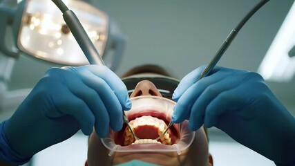 View from a patients perspective during a dental procedure with a dentist using instruments