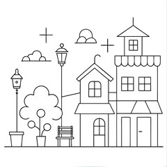 Charming Line Art Illustration Cozy Town Scene with Houses, Trees, and Streetlights