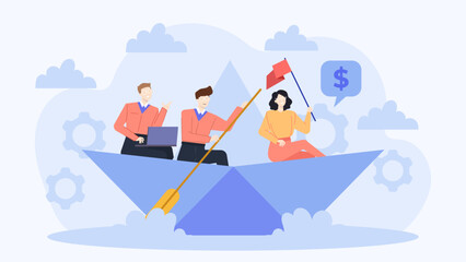 Three people rowing paper boat towards dollar sign. Conceptual financial journey. Ideal for finance, teamwork, investment, and success visuals.
