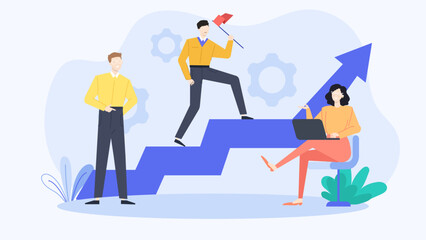 Three people on a blue arrow climbing a staircase made of blue steps for business concept or personal growth illustrations. Staircase ascension business team success collaboration