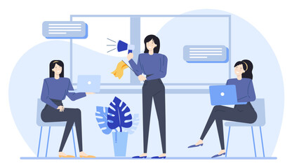 Three women with laptops and a megaphone in an office setting, perfect for concepts related to teamwork and communication strategies.